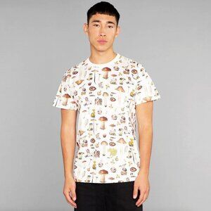 Dedicated Brand Men’s White T-Shirt Mushroom Allover Print Organic Cotton Size L